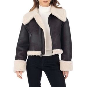 Frye Vegan Leather Faux Shearling Crop Jacket Bomber Aviator Womens Size Large